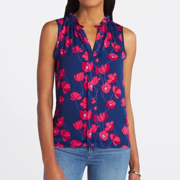 41 Hawthorn Orlee Mixed Material Sleeveless Ruffle Neck Top Size XSP - Navy NWT - Picture 1 of 11